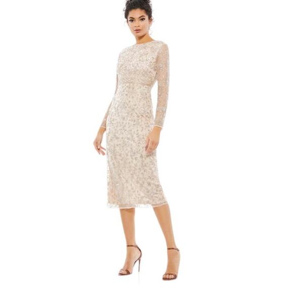 Mac Duggal Beaded Tea Length Dress Sheer Sleeves 10812 Porcelain Size 6 NWT - Picture 1 of 8